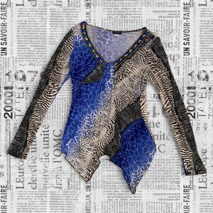 Blue, black and white animal print long sleeve top with beaded details